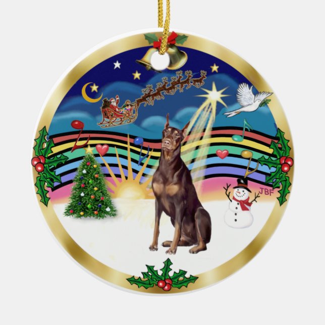 Xmas Music 3 - Red Doberman Ceramic Tree Decoration (Front)