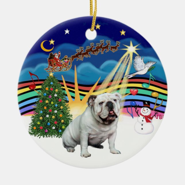 Xmas Music #3  - White English Bulldog Ceramic Tree Decoration (Front)