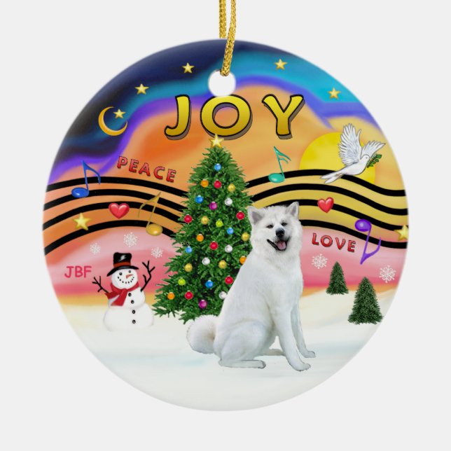 Xmas Music - Akita (white) Ceramic Tree Decoration (Front)