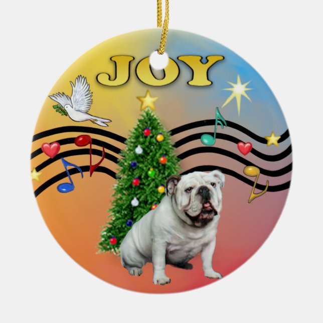 Xmas Music - English Bulldog (white) Ceramic Tree Decoration (Front)