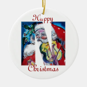 XMAS N LETTER /SANTA  CLAUS WITH VIOLIN MONOGRAM CERAMIC TREE DECORATION