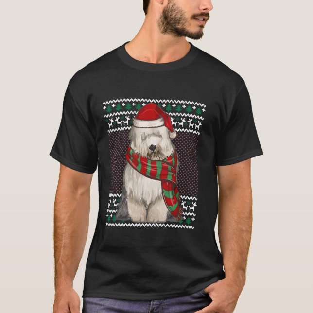 Xmas Old English Sheepdog Dog Santa Hat Ugly Chris T-Shirt (Front)