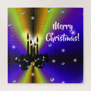 Xmas on Purple Yellow Rainbow with Pearls Jigsaw Puzzle