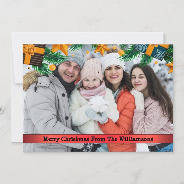 Xmas Packages Pine Boughs Frame Christmas Photo Holiday Card (Front)