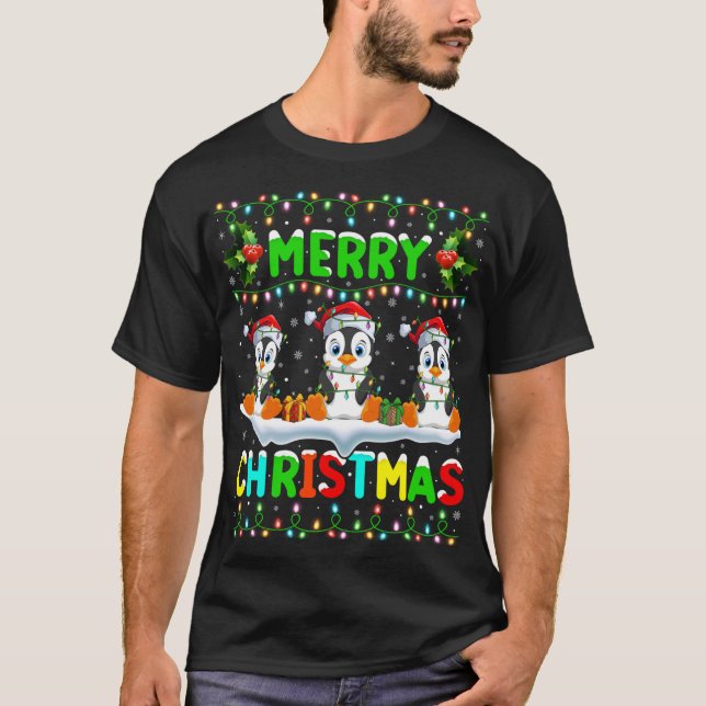 Xmas Penguin Bird Lighting Santa Hat Merry Christm T-Shirt (Front)