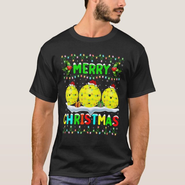 Xmas Pickleball Lighting Santa Merry Christmas Pic T-Shirt (Front)