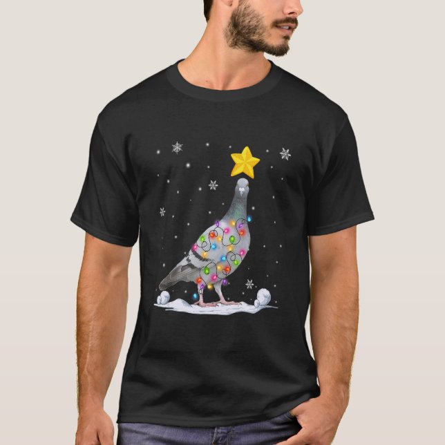 Xmas Pigeon Animals  Christmas Tree Lights T-Shirt (Front)