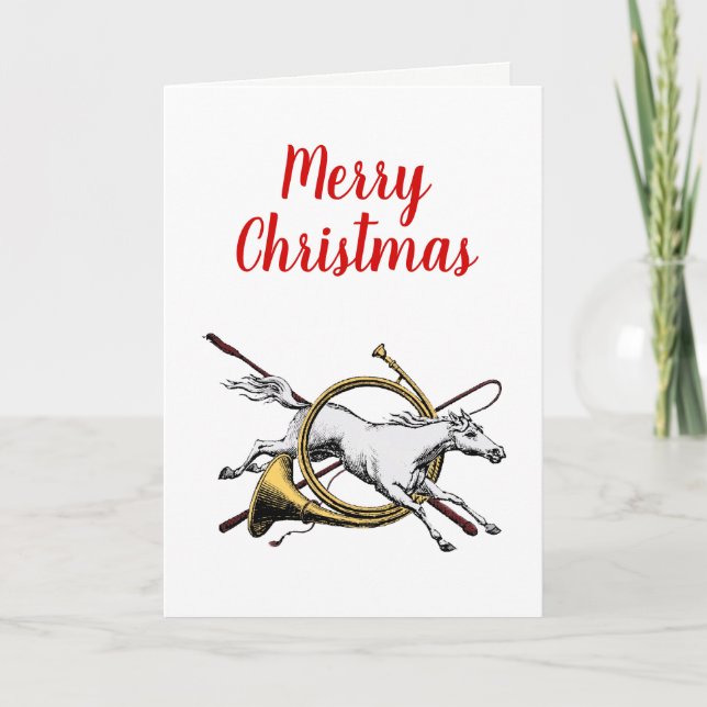 Xmas Preppy Equestrian Horse Jumping Thru Horn C Holiday Card (Front)