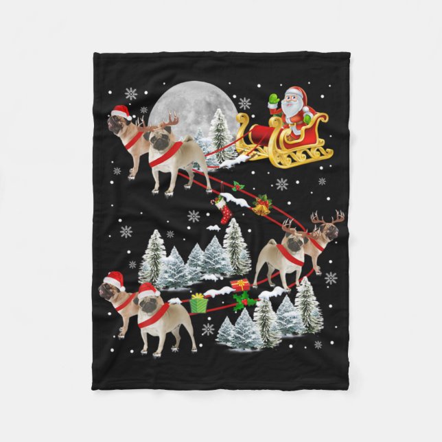 Xmas Pug Sledge Christmas Sledge Santa Dog T Shirt Fleece Blanket (Front)
