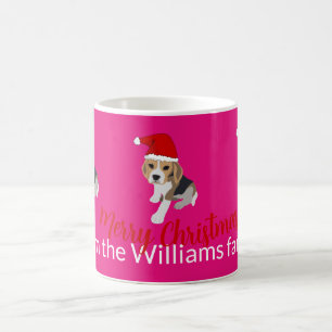 XMAS PUPPY IN RED SANTA HAT CUSTOM DOG BEAGLE PINK COFFEE MUG