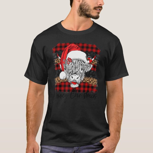Xmas Red Buffalo Plaid Cow Santa Claus Hat Mooey C T-Shirt (Front)