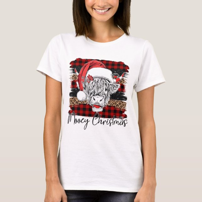 Xmas Red Buffalo Plaid Cow Santa Claus Hat Mooey C T-Shirt (Front)