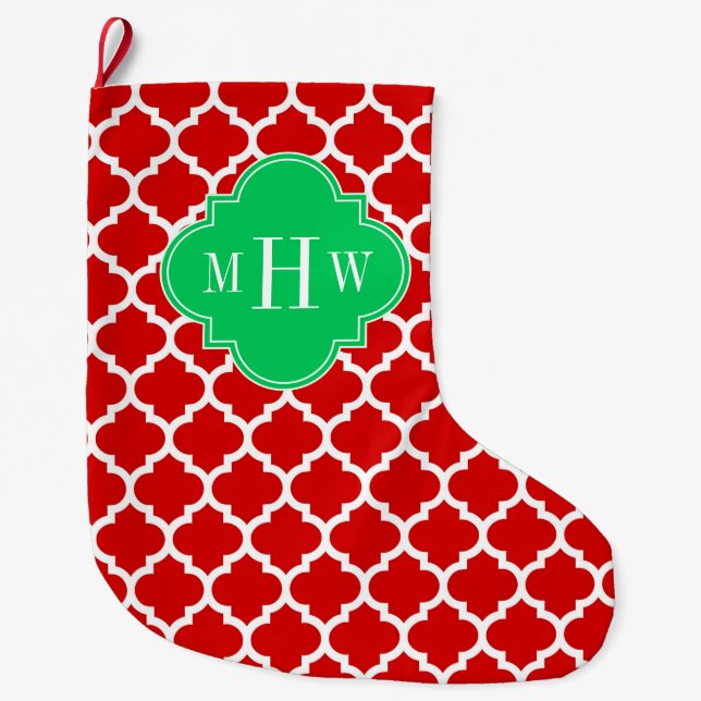 Xmas Red White Moroccan #5 Emerald Name Monogram Large Christmas Stocking (Front)