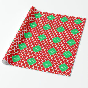 Xmas Red White Moroccan #5 Emerald Name Monogram Wrapping Paper