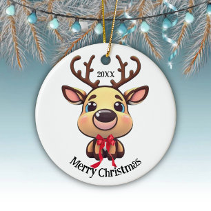 Xmas Reindeer, deer with antlers, cartoon graphic Ceramic Tree Decoration