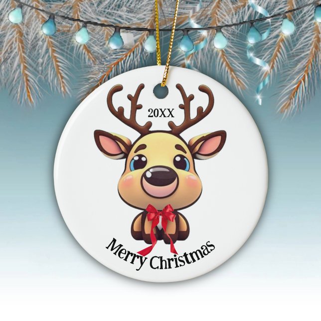 Xmas Reindeer, deer with antlers, cartoon graphic Ceramic Tree Decoration (Customizable Baby ReinDeer Funny Fawn Doe Xmas Merry Christmas White Round Deer Ceramic Ornament🦌🎄)