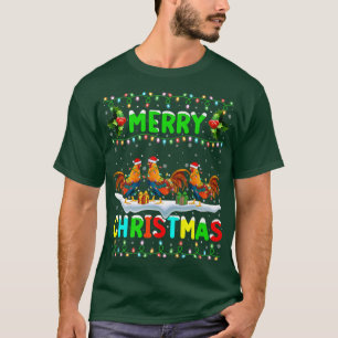 Xmas Rooster Bird Lighting Santa Hat Merry Christm T-Shirt