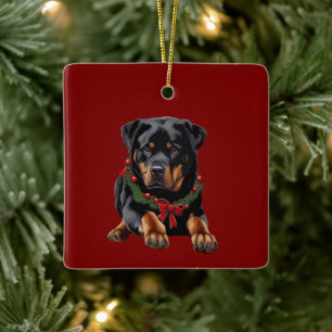 Xmas Rottweiler Dog Christmas With Garland Collar Ceramic Ornament