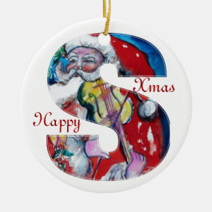 XMAS S LETTER /SANTA  CLAUS WITH VIOLIN MONOGRAM CERAMIC TREE DECORATION