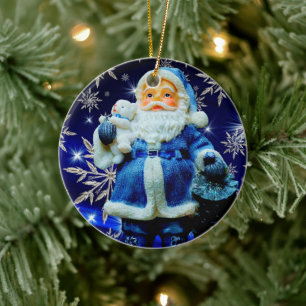 XMAS SANTA BLUE ICE CRYSTALS CERAMIC TREE DECORATION