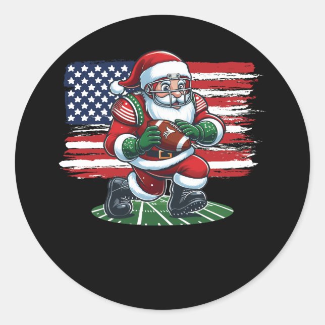 Xmas Santa Claus Playing American Football Merry C Classic Round Sticker (Front)