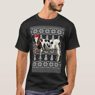 Xmas Santa Hat Black White Cow Farm Animal Ugly Ch T-Shirt