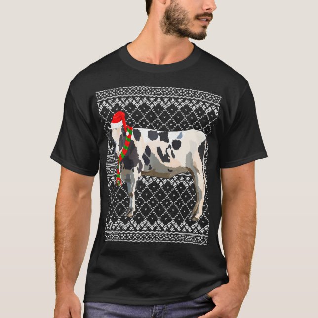 Xmas Santa Hat Black White Cow Farm Animal Ugly T-Shirt (Front)