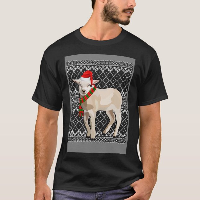 Xmas Santa Hat Lamb Farm Animal Ugly Christmas T-Shirt (Front)