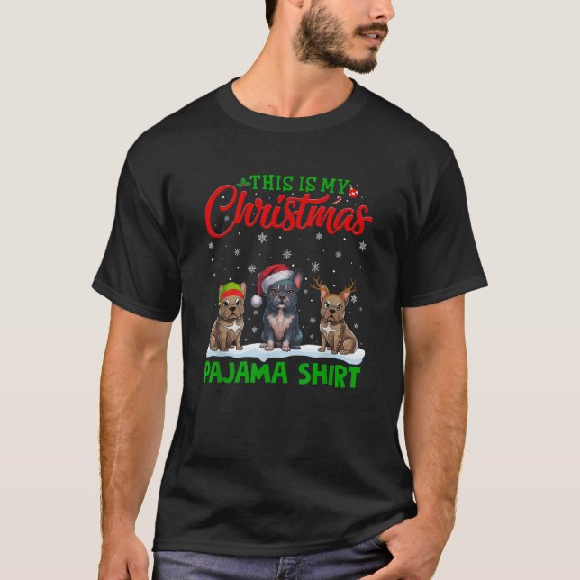Xmas Santa Hat Reindeer Frenchie Dog Christmas Paj T-Shirt (Front)