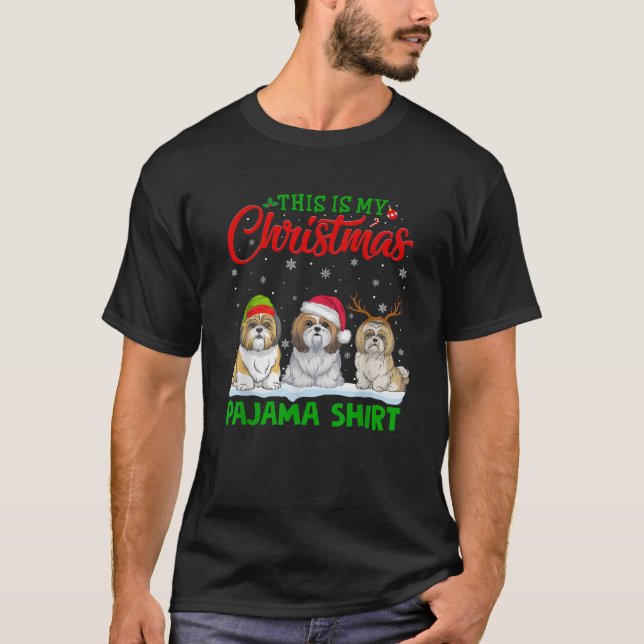 Xmas Santa Hat Reindeer Shih Tzu Dog Christmas Paj T-Shirt (Front)