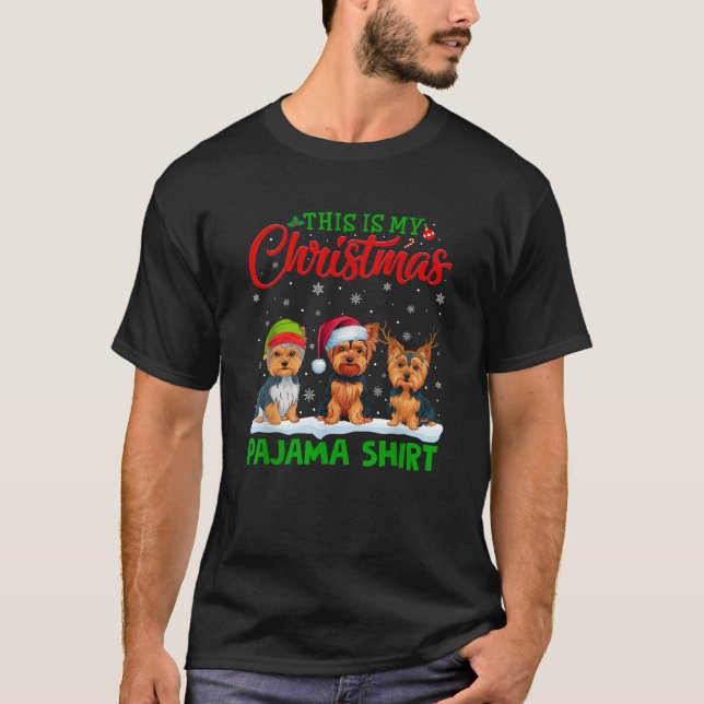 Xmas Santa Hat Reindeer Yorkshire Terrier Christma T-Shirt (Front)