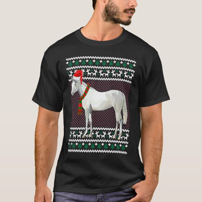 Xmas Santa Hat White Horse Ugly Christmas T-Shirt (Front)