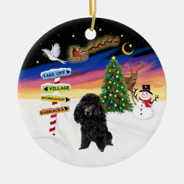 Xmas Signs - Black Toy Poodle Ceramic Tree Decoration (Front)