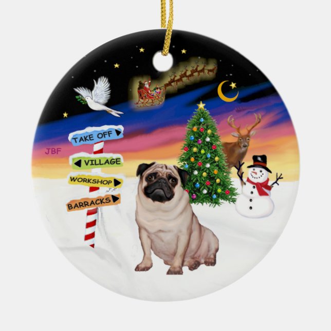 Xmas Signs - Fawn Pug #5 Ceramic Tree Decoration (Front)