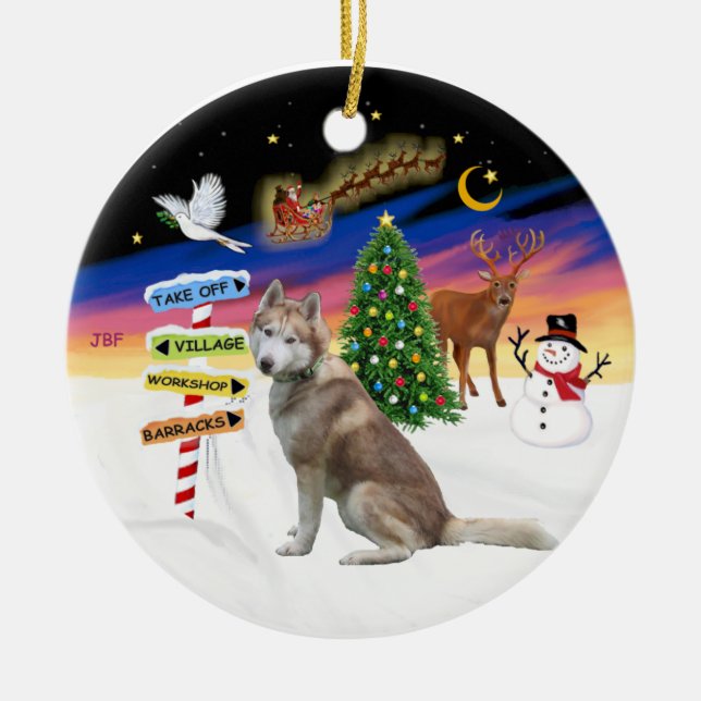 Xmas Signs - Red Siberian Husky Ceramic Tree Decoration (Front)