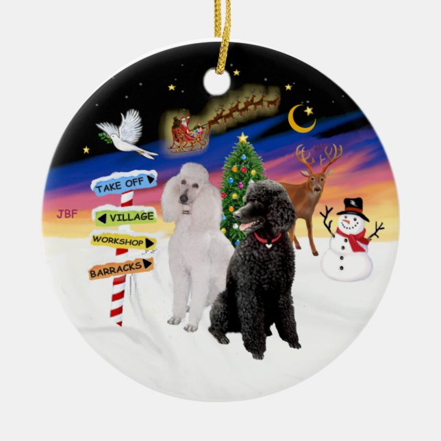 Xmas Signs - Two Standard Poodles (B+W) Ceramic Tree Decoration (Front)