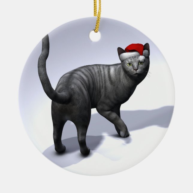Xmas Silver Tabby Cat Ceramic Tree Decoration (Front)