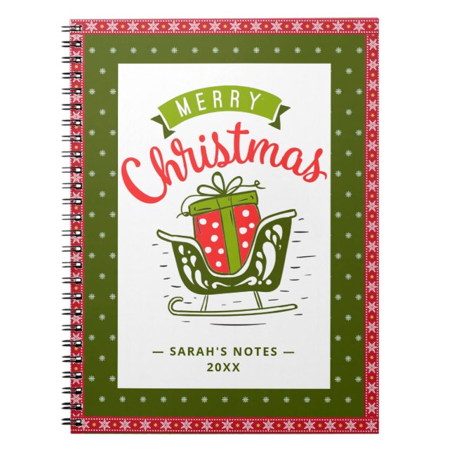 Xmas Sleigh Red Green Ribbon Snowflake Custom Text Notebook (Front)