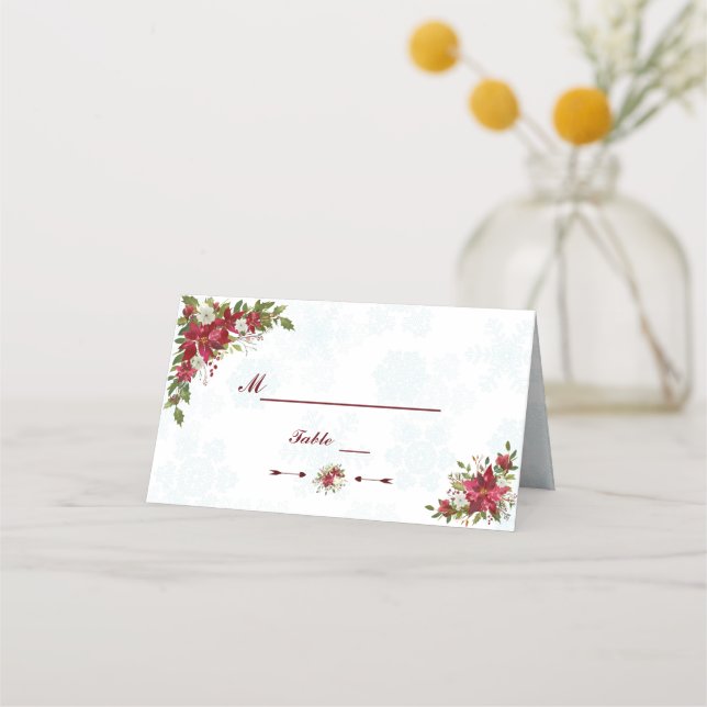 Xmas Snowflakes Poinsettia Wedding Table Number Place Card (Front)