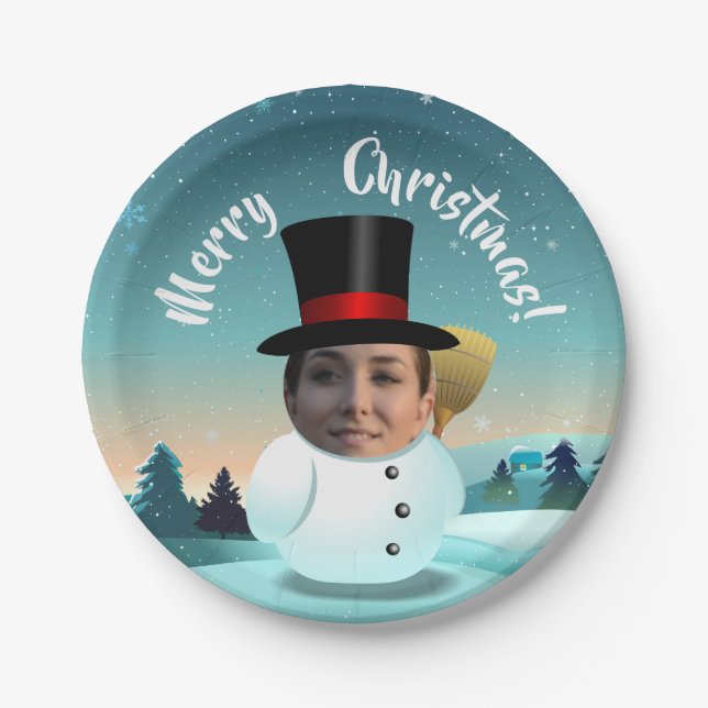 Xmas Snowman Customised With Your Face Paper Plate (Front)