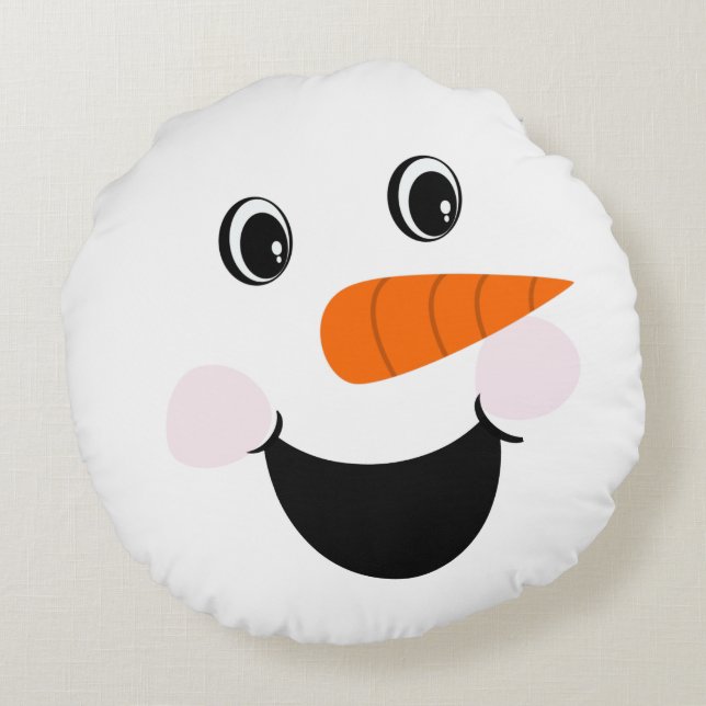 Xmas Snowman Happy Face Smiling White  Round Cushion (Back)