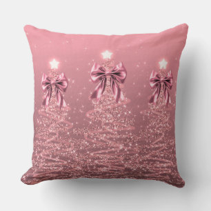 Xmas Sparkling Trees Blush Pink Faux Bow Cushion