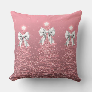 Xmas Sparkling Trees Blush Pink Faux White Bow Cushion