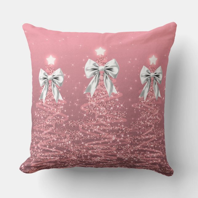 Xmas Sparkling Trees Blush Pink Faux White Bow  Cushion (Front)