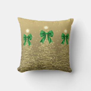 Xmas Sparkling Trees Gold Faux Green Bow Throw Cushion