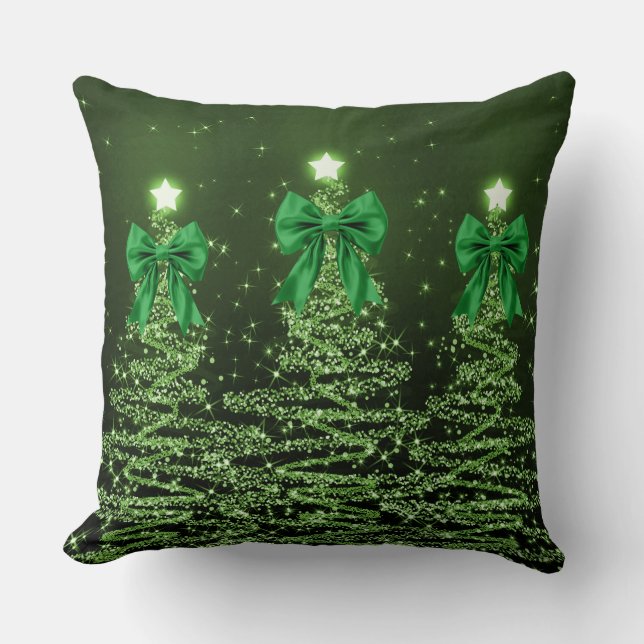 Xmas Sparkling Trees Green Faux Bow Throw Cushion (Front)