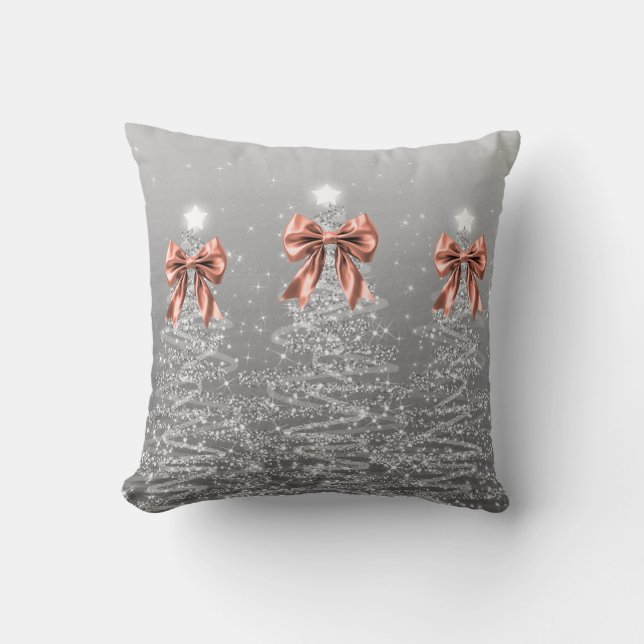 Xmas Sparkling Trees Silver Faux Rose Gold Bow Cushion (Front)