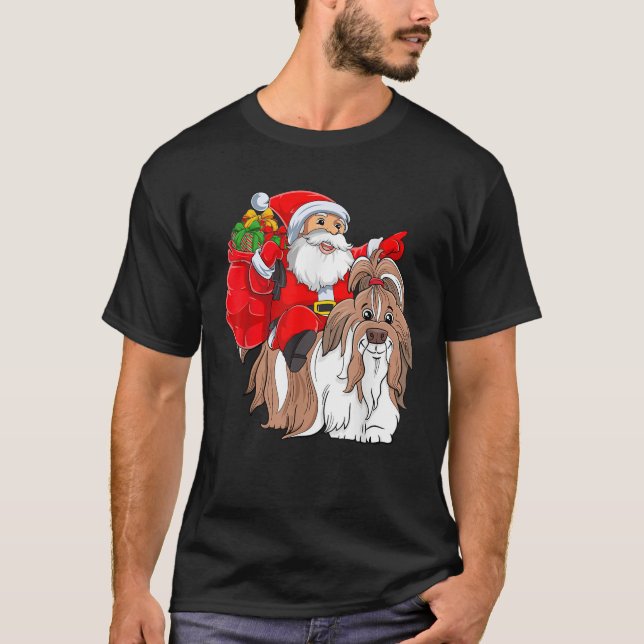Xmas Squad Funny Santa Riding Shih Tzu Dog Christm T-Shirt (Front)