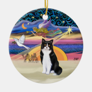 Xmas Star - Black and white Tuxedo cat Ceramic Tree Decoration