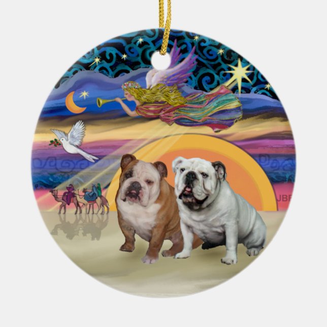 Xmas Star - Two English Bulldogs Ceramic Tree Decoration (Front)